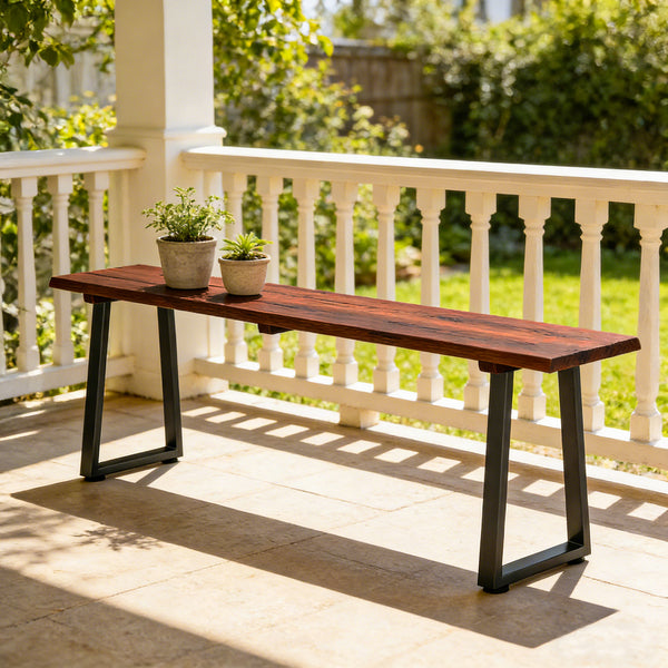 Banc de Jardin en Bois de Sapin, Sans Dossier, Industriel, Banc d'extérieur 2 Places à Effet Bois, Pieds trapézoïdaux en Acier, pour Patio Balcon Parc, Capacité 240 kg, 150x28x48cm, Carbonisé