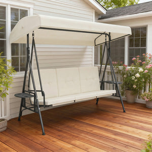 Balancelle de jardin 3 places grand confort inclinaison toit réglable, 2 tablettes latérales, coussins, acier polyester crème