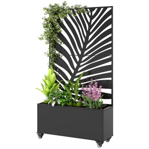 Jardinière avec treillis, bac à fleurs, lit surélevé avec brise-vue et roulettes verrouillables, pour plantes grimpantes, légumes, métal, intérieur et extérieur, 90 x 30 x 160 cm, noir