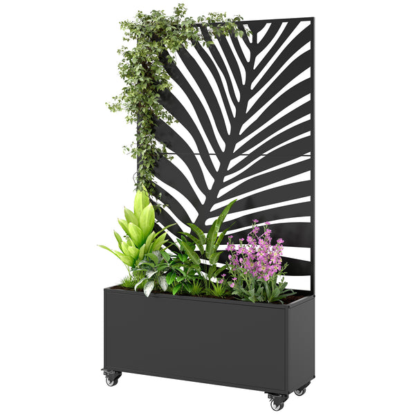 Jardinière avec treillis, bac à fleurs, lit surélevé avec brise-vue et roulettes verrouillables, pour plantes grimpantes, légumes, métal, intérieur et extérieur, 90 x 30 x 160 cm, noir