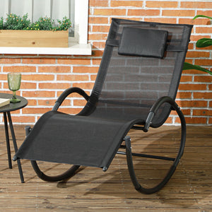 Chaise longue à bascule, transat de jardin ergonomique, bain de soleil, avec tétière, rocking chair, textilène, utilisation extérieure intérieure, noir