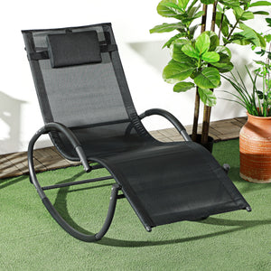 Chaise longue à bascule, transat de jardin ergonomique, bain de soleil, avec tétière, rocking chair, textilène, utilisation extérieure intérieure, noir