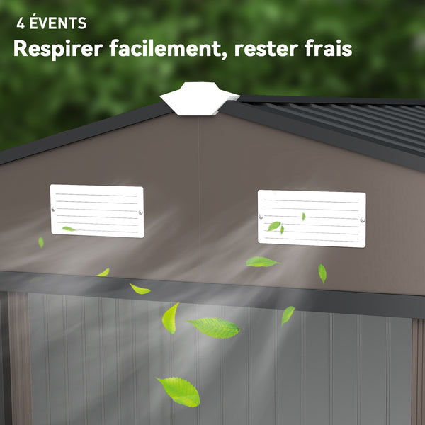 Abri de jardin en acier galvanisé XXL 5,4 m² avec kit de fondation 277 x 195 x 192 cm, cabane de jardin cabanon rangement outils avec portes coulissantes verrouillables et 4 aérations, marron