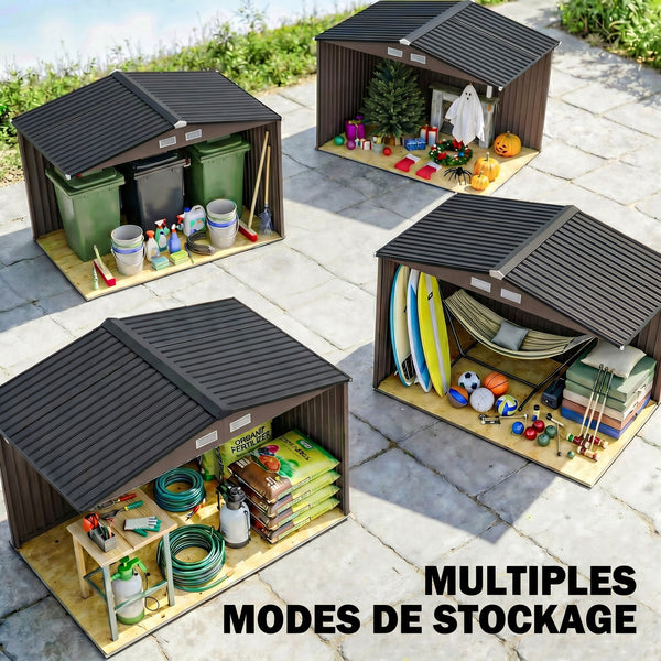 Abri de jardin en acier galvanisé XXL 5,4 m² avec kit de fondation 277 x 195 x 192 cm, cabane de jardin cabanon rangement outils avec portes coulissantes verrouillables et 4 aérations, marron