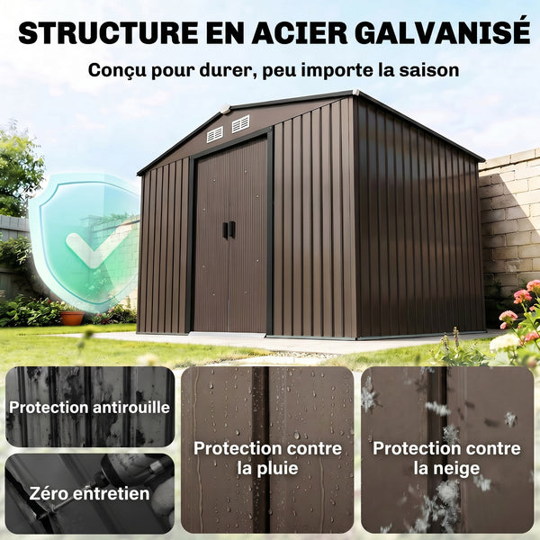 Abri de jardin en acier galvanisé XXL 5,4 m² avec kit de fondation 277 x 195 x 192 cm, cabane de jardin cabanon rangement outils avec portes coulissantes verrouillables et 4 aérations, marron