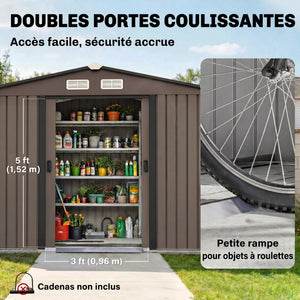 Abri de jardin en acier galvanisé XXL 5,4 m² avec kit de fondation 277 x 195 x 192 cm, cabane de jardin cabanon rangement outils avec portes coulissantes verrouillables et 4 aérations, marron