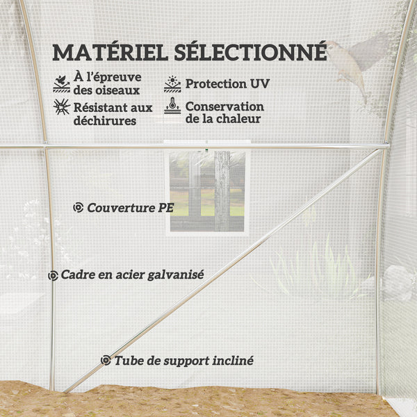Serre de Jardin Tunnel 9 m² 3L x 3l x 2H m - 4 fenêtres, Porte zippée Enroulable - châssis Tubulaire Acier galvanisé, bâche PE Haute densité Blanc