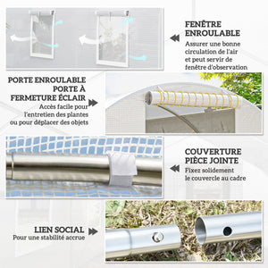 Serre de Jardin Tunnel 9 m² 3L x 3l x 2H m - 4 fenêtres, Porte zippée Enroulable - châssis Tubulaire Acier galvanisé, bâche PE Haute densité Blanc
