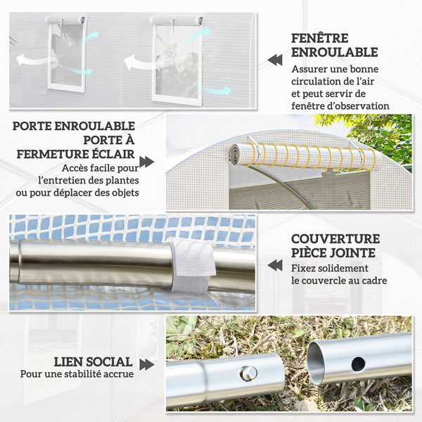 Serre de Jardin Tunnel 9 m² 3L x 3l x 2H m - 4 fenêtres, Porte zippée Enroulable - châssis Tubulaire Acier galvanisé, bâche PE Haute densité Blanc