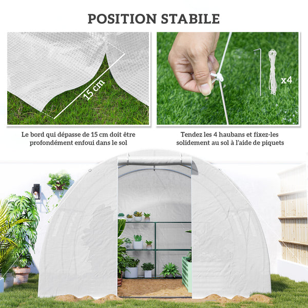 Serre de Jardin Tunnel 9 m² 3L x 3l x 2H m - 4 fenêtres, Porte zippée Enroulable - châssis Tubulaire Acier galvanisé, bâche PE Haute densité Blanc