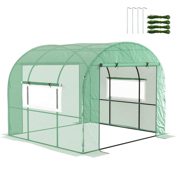 Serre de jardin serre tunnel de jardin 6m² PE Haute densité 135 g/m², avec 2 portes zippées enroulables 2 fenêtres en maille, pour toutes saisons, 300 x 300 x 200 cm, vert
