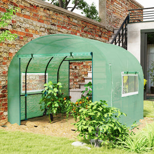 Serre de jardin serre tunnel de jardin 6m² PE Haute densité 135 g/m², avec 2 portes zippées enroulables 2 fenêtres en maille, pour toutes saisons, 300 x 300 x 200 cm, vert
