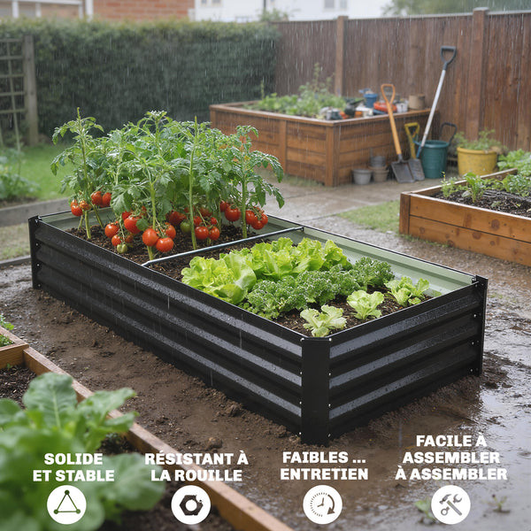 Jardinière rectangulaire potager de jardin bac à fleurs en acier avec bordure de sécurité et fond ouvert dim. 150L x 70l x 30H cm gris foncé