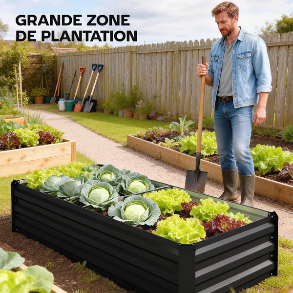 Jardinière rectangulaire potager de jardin bac à fleurs en acier avec bordure de sécurité et fond ouvert dim. 150L x 70l x 30H cm gris foncé