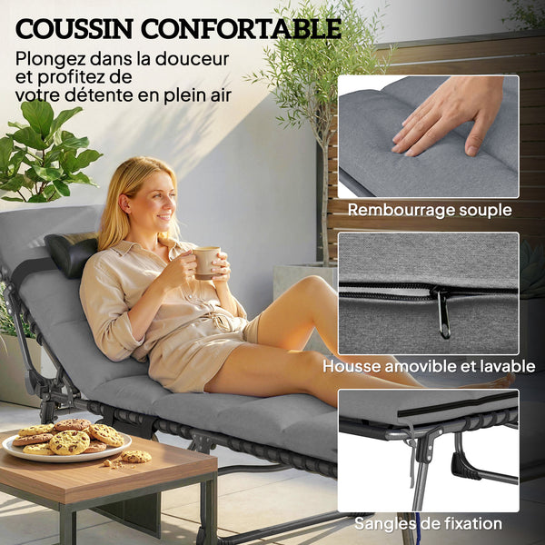 Lot de 2 Bain de Soleil avec Matelas 9cm - Chaise Longue Jardin 200cm Pliable Dossier Réglable 5 Positions, Appui-tête et Poche Latérale - Transat de Jardin pour Terrasse Plage Camping, Gris