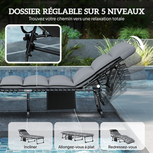Lot de 2 Bain de Soleil avec Matelas 9cm - Chaise Longue Jardin 200cm Pliable Dossier Réglable 5 Positions, Appui-tête et Poche Latérale - Transat de Jardin pour Terrasse Plage Camping, Gris