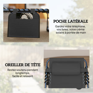 Lot de 2 Bain de Soleil avec Matelas 9cm - Chaise Longue Jardin 200cm Pliable Dossier Réglable 5 Positions, Appui-tête et Poche Latérale - Transat de Jardin pour Terrasse Plage Camping, Gris