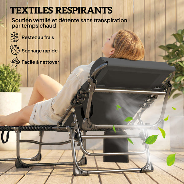Lot de 2 Bain de Soleil avec Matelas 9cm - Chaise Longue Jardin 200cm Pliable Dossier Réglable 5 Positions, Appui-tête et Poche Latérale - Transat de Jardin pour Terrasse Plage Camping, Gris