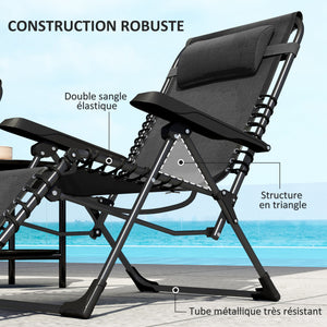 Lot de 2 bain de soleil, chaise longue pliante avec appuie-tête en textilène, transat jardin extérieur inclinable de plage camping piscine terrasse, 90 x 65 x 112 cm, noir