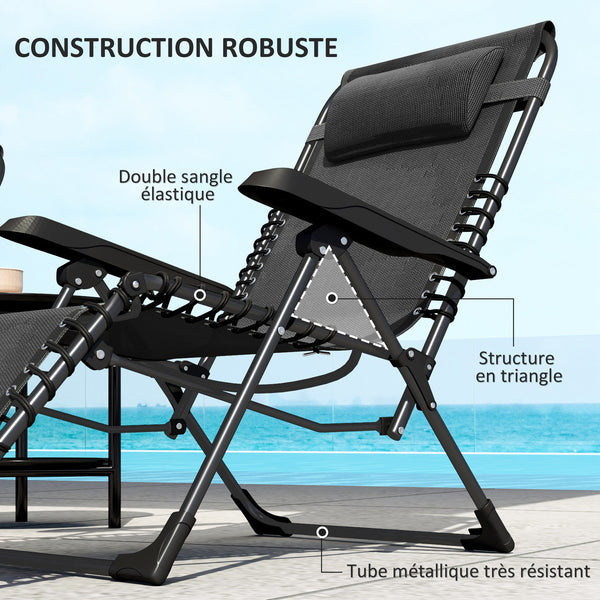 Lot de 2 bain de soleil, chaise longue pliante avec appuie-tête en textilène, transat jardin extérieur inclinable de plage camping piscine terrasse, 90 x 65 x 112 cm, noir