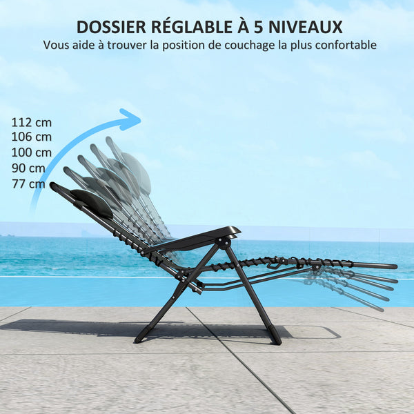 Lot de 2 bain de soleil, chaise longue pliante avec appuie-tête en textilène, transat jardin extérieur inclinable de plage camping piscine terrasse, 90 x 65 x 112 cm, noir