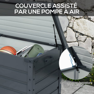 Coffre de rangement extérieur 295L coffre de jardin avec roulettes, vérin à gaz et poignée, en acier galvanisé, 100 x 62 x 65 cm, gris