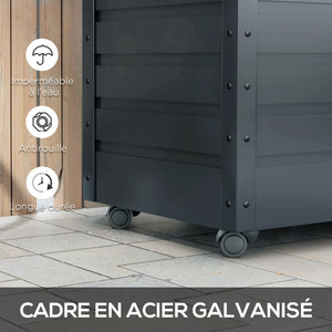 Coffre de rangement extérieur 295L coffre de jardin avec roulettes, vérin à gaz et poignée, en acier galvanisé, 100 x 62 x 65 cm, gris