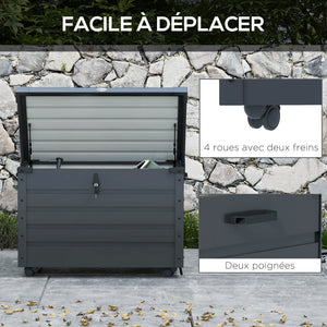 Coffre de rangement extérieur 295L coffre de jardin avec roulettes, vérin à gaz et poignée, en acier galvanisé, 100 x 62 x 65 cm, gris