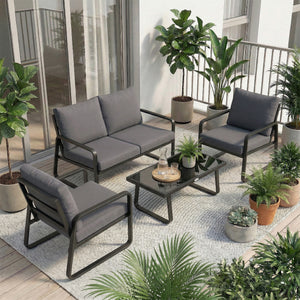 Salon de Jardin 4 Pièces avec Coussins Déhoussables Très Épais 16cm - Canapé et Fauteuils de Terrasse en Métal Robuste - Salon Bas de Jardin, Table Basse en Verre Trempé, Noir