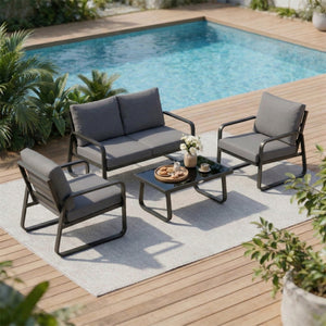 Salon de Jardin 4 Pièces avec Coussins Déhoussables Très Épais 16cm - Canapé et Fauteuils de Terrasse en Métal Robuste - Salon Bas de Jardin, Table Basse en Verre Trempé, Noir
