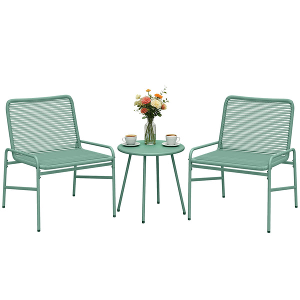 Salon de Jardin Extérieur 3 Pièces en Résine Tressée, Table de Jardin Ronde avec 2 Chaises, Pieds Ajustables, Cadre en Acier Galvanisé, Mobilier de Jardin pour Balcon Terrasse Patio, Vert