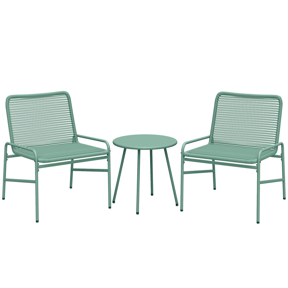 Salon de Jardin Extérieur 3 Pièces en Résine Tressée, Table de Jardin Ronde avec 2 Chaises, Pieds Ajustables, Cadre en Acier Galvanisé, Mobilier de Jardin pour Balcon Terrasse Patio, Vert