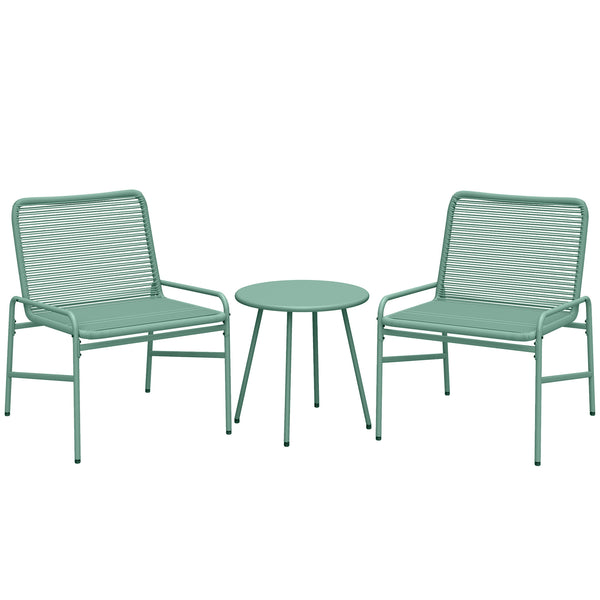 Salon de Jardin Extérieur 3 Pièces en Résine Tressée, Table de Jardin Ronde avec 2 Chaises, Pieds Ajustables, Cadre en Acier Galvanisé, Mobilier de Jardin pour Balcon Terrasse Patio, Vert