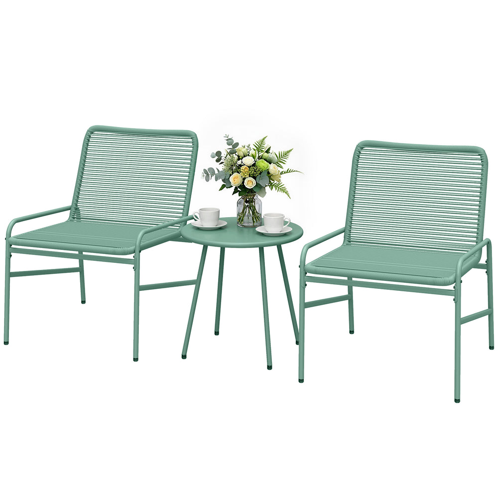 Salon de Jardin Extérieur 3 Pièces en Résine Tressée, Table de Jardin Ronde avec 2 Chaises, Pieds Ajustables, Cadre en Acier Galvanisé, Mobilier de Jardin pour Balcon Terrasse Patio, Vert