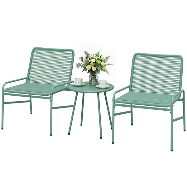 Salon de Jardin Extérieur 3 Pièces en Résine Tressée, Table de Jardin Ronde avec 2 Chaises, Pieds Ajustables, Cadre en Acier Galvanisé, Mobilier de Jardin pour Balcon Terrasse Patio, Vert