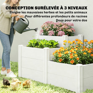 Jardinière surélevée, lit de jardin à 3 niveaux avec fond ouvert, carré potager de jardin pour fleurs, herbes, légumes, 120 x 80 x 64 cm, effet bois gris