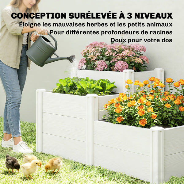 Jardinière surélevée, lit de jardin à 3 niveaux avec fond ouvert, carré potager de jardin pour fleurs, herbes, légumes, 120 x 80 x 64 cm, effet bois gris