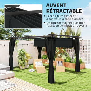Pergola 4 x 3 m avec Auvent Rétractable et Rideaux, Tonnelle Extérieure UPF30+ pour Jardin, Patio, Terrasse, Gris foncé