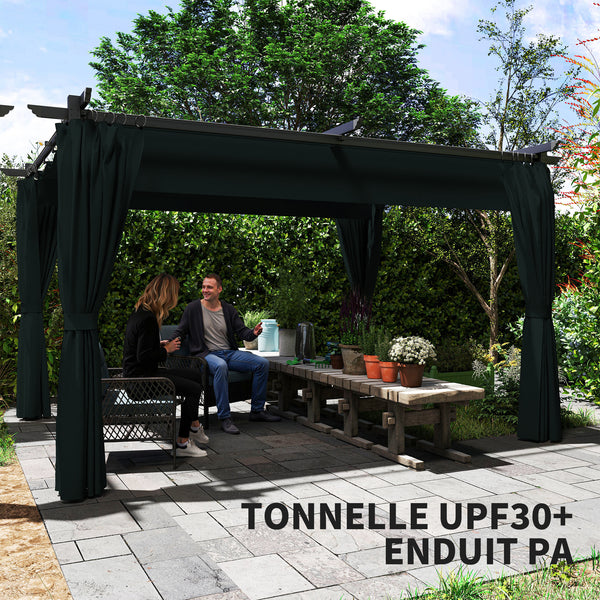 Pergola 4 x 3 m avec Auvent Rétractable et Rideaux, Tonnelle Extérieure UPF30+ pour Jardin, Patio, Terrasse, Gris foncé