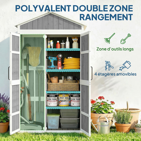 Armoire de Jardin en Bois - Abri de Jardin Extérieur Étanche avec Toit en Métal - Meuble de Rangement Terrasse à Double Porte pour Outils de Jardinage 105x55x179cm, Blanc et Gris
