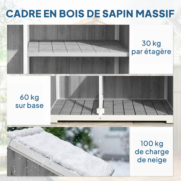 Armoire de Jardin en Bois - Abri de Jardin Extérieur Étanche avec Toit en Métal - Meuble de Rangement Terrasse à Double Porte pour Outils de Jardinage 105x55x179cm, Blanc et Gris