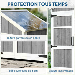 Armoire de Jardin en Bois - Abri de Jardin Extérieur Étanche avec Toit en Métal - Meuble de Rangement Terrasse à Double Porte pour Outils de Jardinage 105x55x179cm, Blanc et Gris