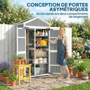 Armoire de Jardin en Bois - Abri de Jardin Extérieur Étanche avec Toit en Métal - Meuble de Rangement Terrasse à Double Porte pour Outils de Jardinage 105x55x179cm, Blanc et Gris