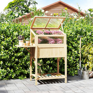Carré potager sur pieds avec serre, jardinière surélevée en bois avec table latérale pliante et étagère de rangement, pour légumes, fleurs, herbes, 104 x 50 x 120 cm, bois naturel