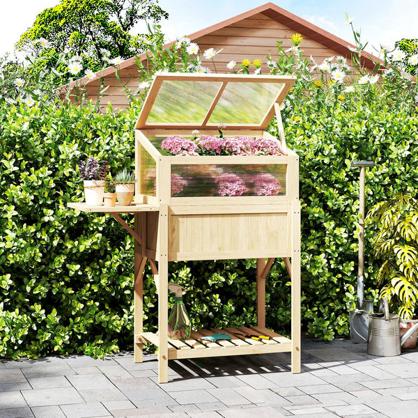 Carré potager sur pieds avec serre, jardinière surélevée en bois avec table latérale pliante et étagère de rangement, pour légumes, fleurs, herbes, 104 x 50 x 120 cm, bois naturel