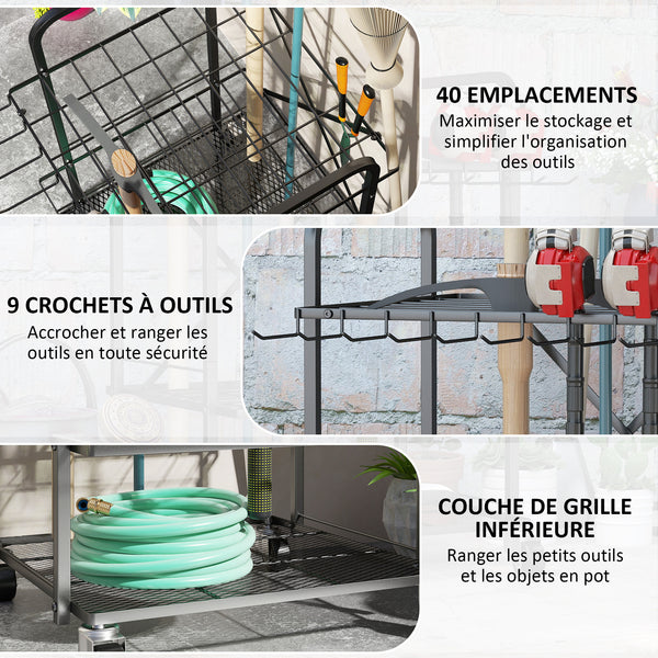 Organisateur d'outils de jardin avec 9 crochets, support à outils de jardin 40 compartiments, porte-outils de garage en métal sur roulettes pour sécateurs, pelles, râteaux, noir