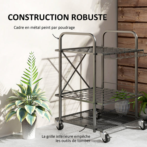 Organisateur d'outils de jardin avec 9 crochets, support à outils de jardin 40 compartiments, porte-outils de garage en métal sur roulettes pour sécateurs, pelles, râteaux, noir