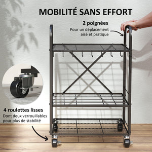 Organisateur d'outils de jardin avec 9 crochets, support à outils de jardin 40 compartiments, porte-outils de garage en métal sur roulettes pour sécateurs, pelles, râteaux, noir