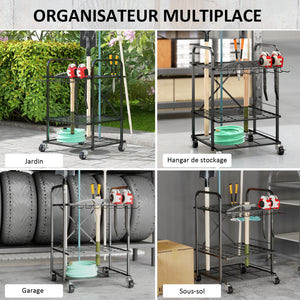 Organisateur d'outils de jardin avec 9 crochets, support à outils de jardin 40 compartiments, porte-outils de garage en métal sur roulettes pour sécateurs, pelles, râteaux, noir