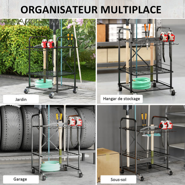 Organisateur d'outils de jardin avec 9 crochets, support à outils de jardin 40 compartiments, porte-outils de garage en métal sur roulettes pour sécateurs, pelles, râteaux, noir